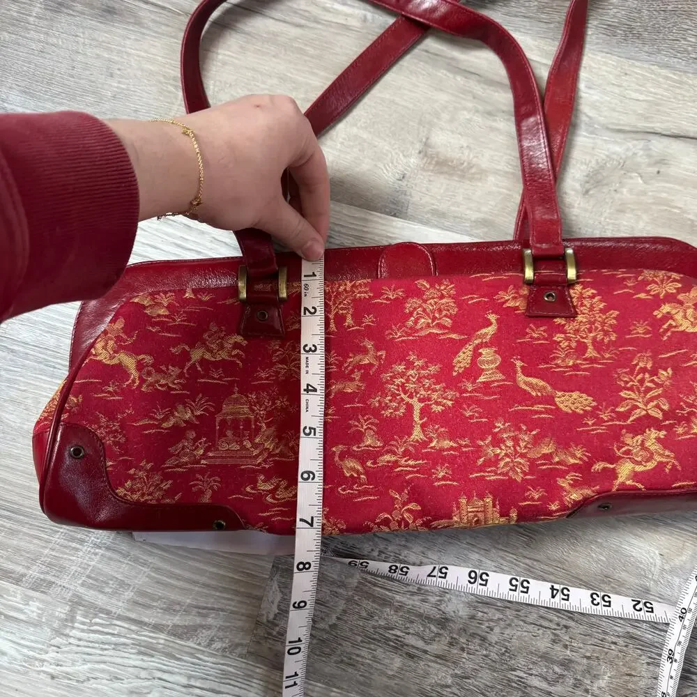 Vintage Paint the Lily Red Leather Tapestry Shoulder Bag Toile